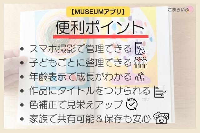 MUSEUMアプリの便利ポイント一覧。スマホ撮影で管理、子どもごと整理、年齢表示、タイトル付け、色補正、家族で共有など
