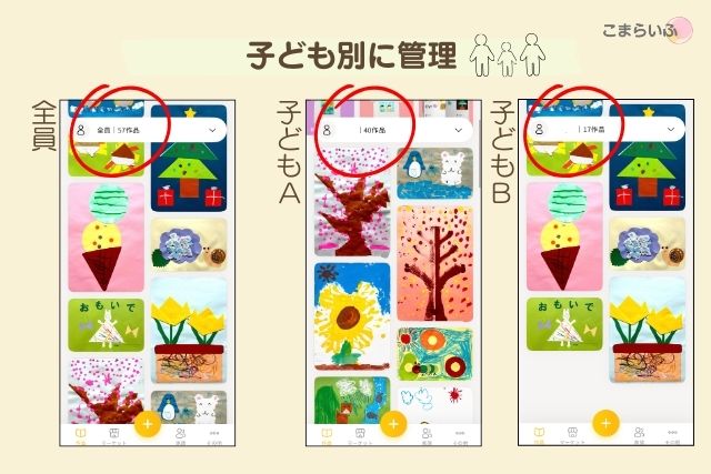 MUSEUMアプリで子ども別に作品を管理できる画面。子どもA、子どもBで作品を分けて登録