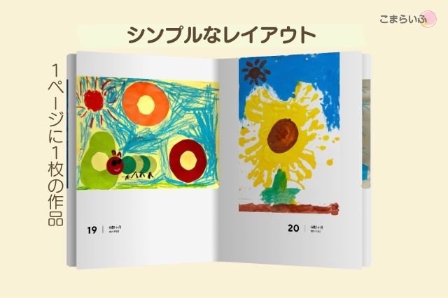MUSEUMフォトブックの見開き。1ページに1作品が配置されたシンプルなレイアウト