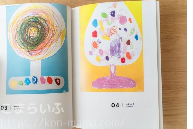 MUSEUMフォトブックの見開きページ。子どもの作品が1ページごとに配置されている