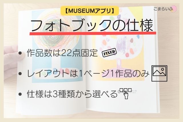 MUSEUMフォトブックの仕様。22点固定、1ページ1作品、仕様は3種類から選べる