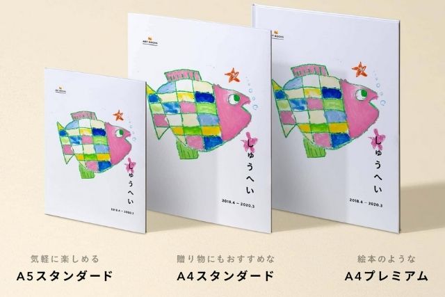 MUSEUMフォトブックのサイズ比較。A5スタンダード、A4スタンダード、A4プレミアム