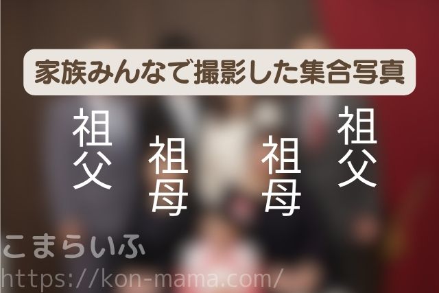 七五三で家族みんなで撮影した集合写真のイメージ。祖父母にも好評なフォーマル撮影。