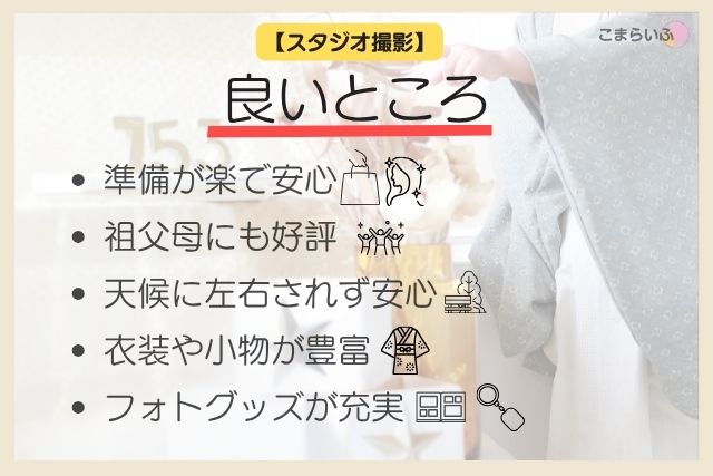 七五三スタジオ撮影のメリットをまとめた図解。「準備が楽」「天候に左右されない」などの利点を紹介。
