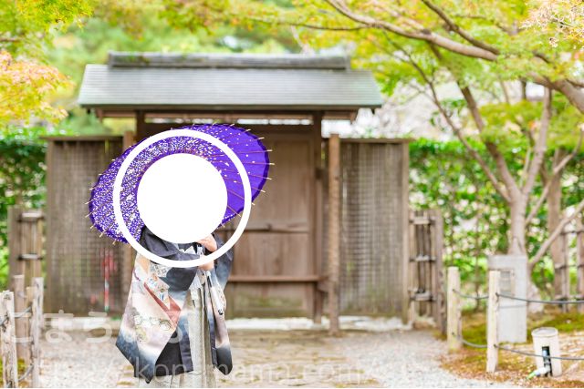 七五三で紫の和傘を持つ袴姿の男の子が、神社の門の前に立つ様子。