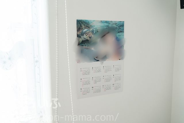 白い壁に貼られたTOLOTのA3ポスターカレンダー。写真部分が大きく存在感がある様子。