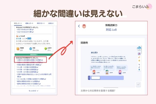 ロジックラボ親アプリと子どもアプリの画面比較。細かい間違いは親側では確認できない。
