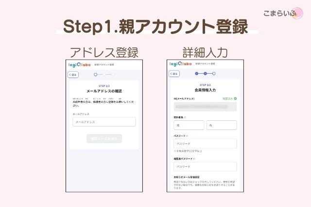 七田式ロジックラボの親アカウント登録画面（メール登録と詳細入力）