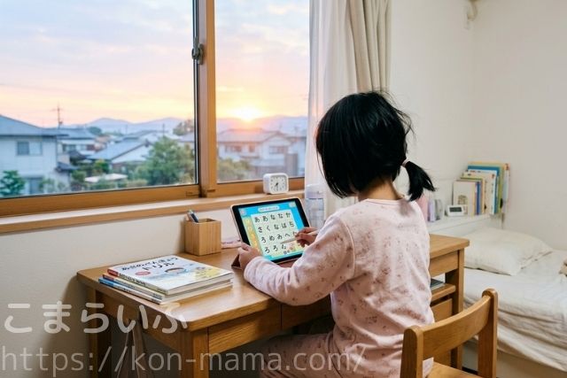 朝の時間にタブレット学習をする子どもの様子