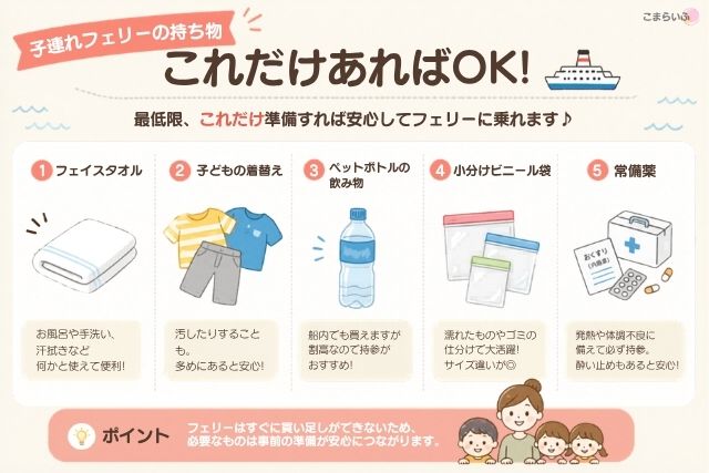 子連れフェリーで最低限必要な持ち物（タオル・着替え・飲み物・ビニール袋・常備薬）の図解