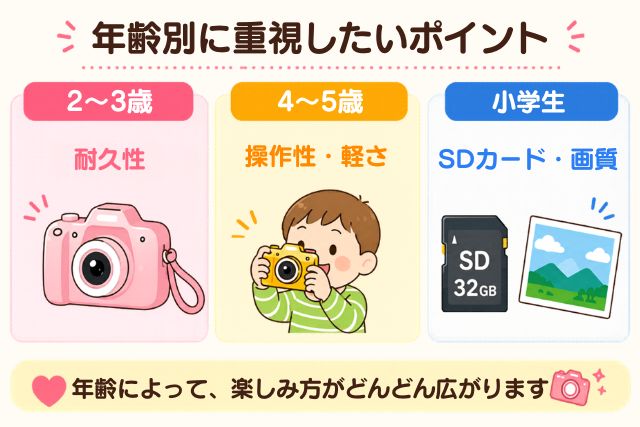 キッズカメラを選ぶ際の年齢別ポイントをまとめた図解