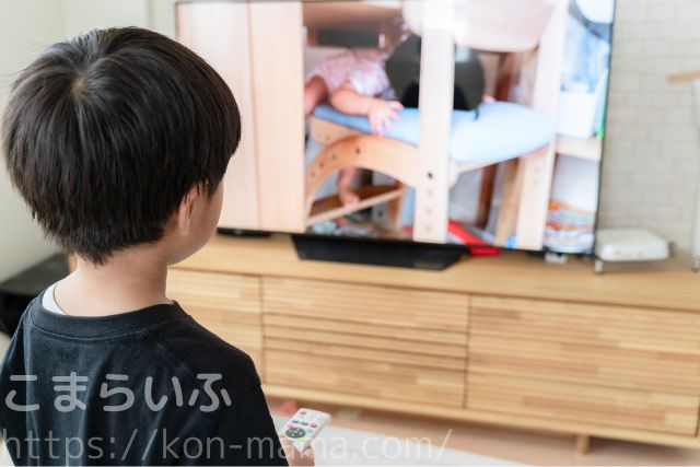 おもいでばこで家族写真をテレビに映して見ている様子