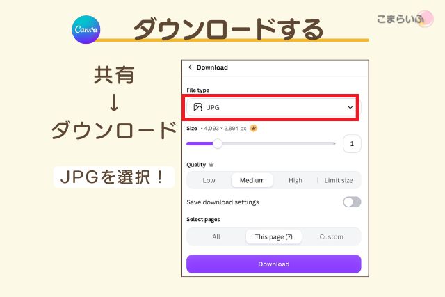 Canvaで写真コラージュをJPG形式でダウンロードする画面