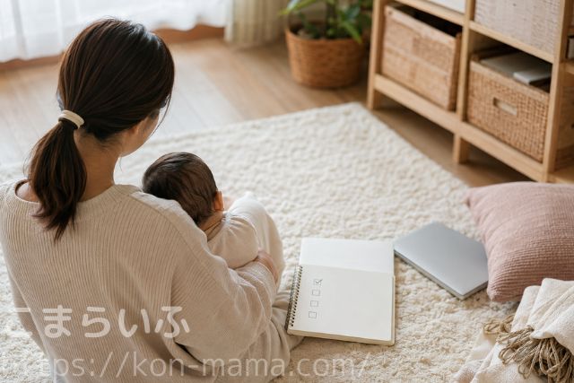 赤ちゃんを抱きながら、一つだけチェックしたリストを見る育休中のママの後ろ姿