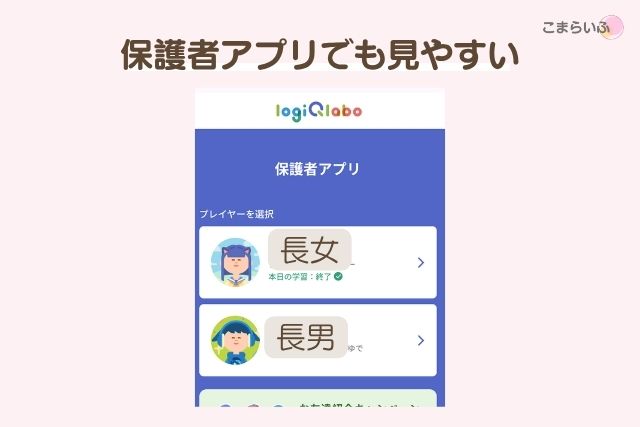 保護者アプリに兄弟2人のプレイヤーと当日の学習状況が表示された画面